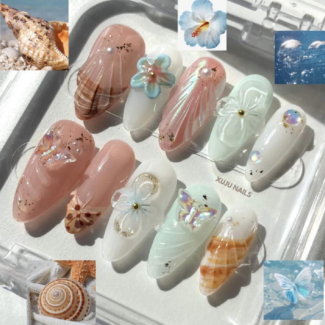 

24PCS Blue Beach Gradient French Stick on False Nails 3D Shell Seastar Design Almond Fake Nails with Pearl Acrylic Nail Wearable