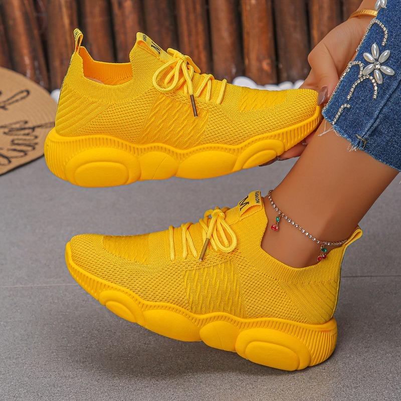 

Fashion Casual Sneakers Autumn New Round Toe Knit Mesh Colorblock Front Lace-Up Soft Sole Non-Slip Wear-Resistant Platform Single 36