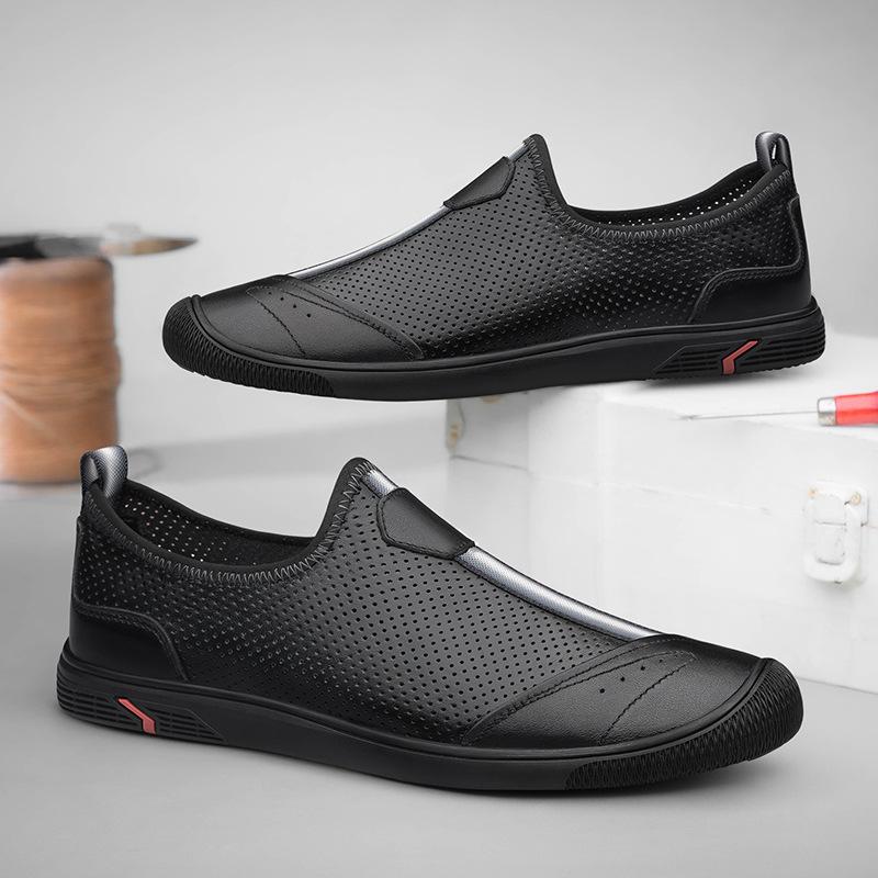 Men's Shoes 2025 Summer New Men's Thin Punching Breathable Hollow Leather Shoes Black One-pedal Lazy Casual Shoes