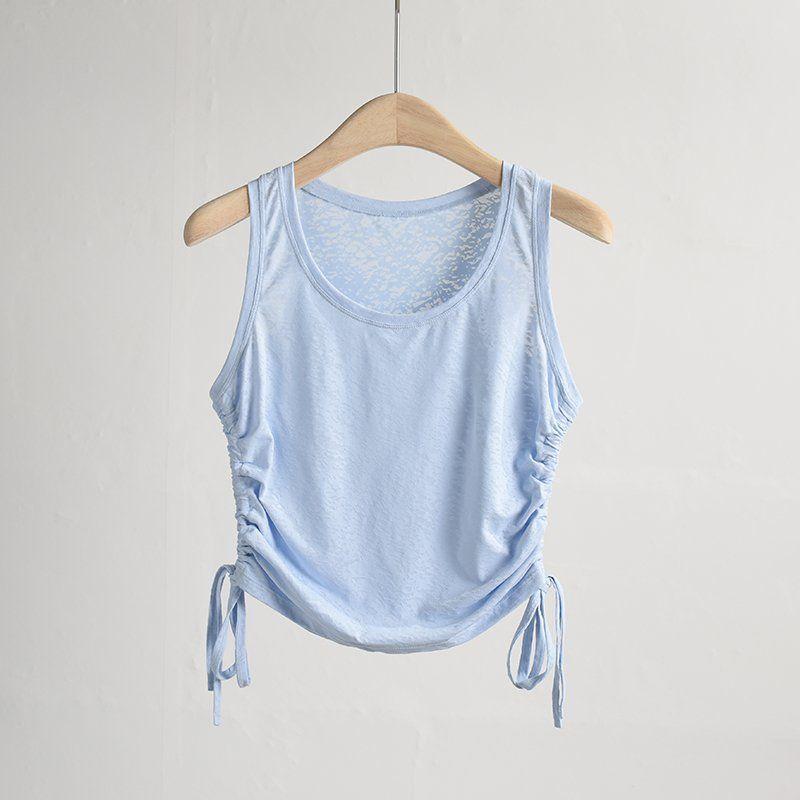 

Спортивный жилет женский короткий без рукавов тонкий одежда для йоги блузка для бега быстросохнущий дышащий на кулиске тонкий топ для тренировок Blue L