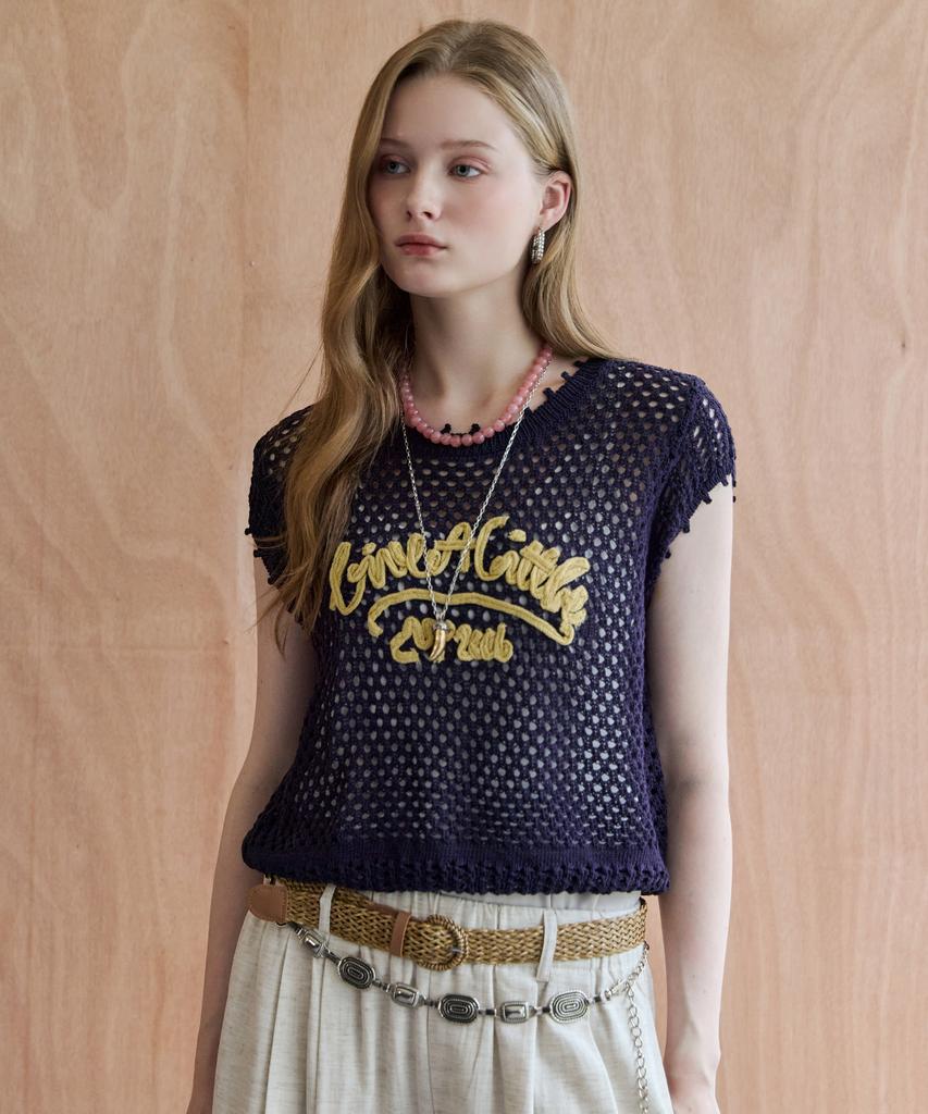MAXZA Lettering Embroidery Punched Layered Knit
