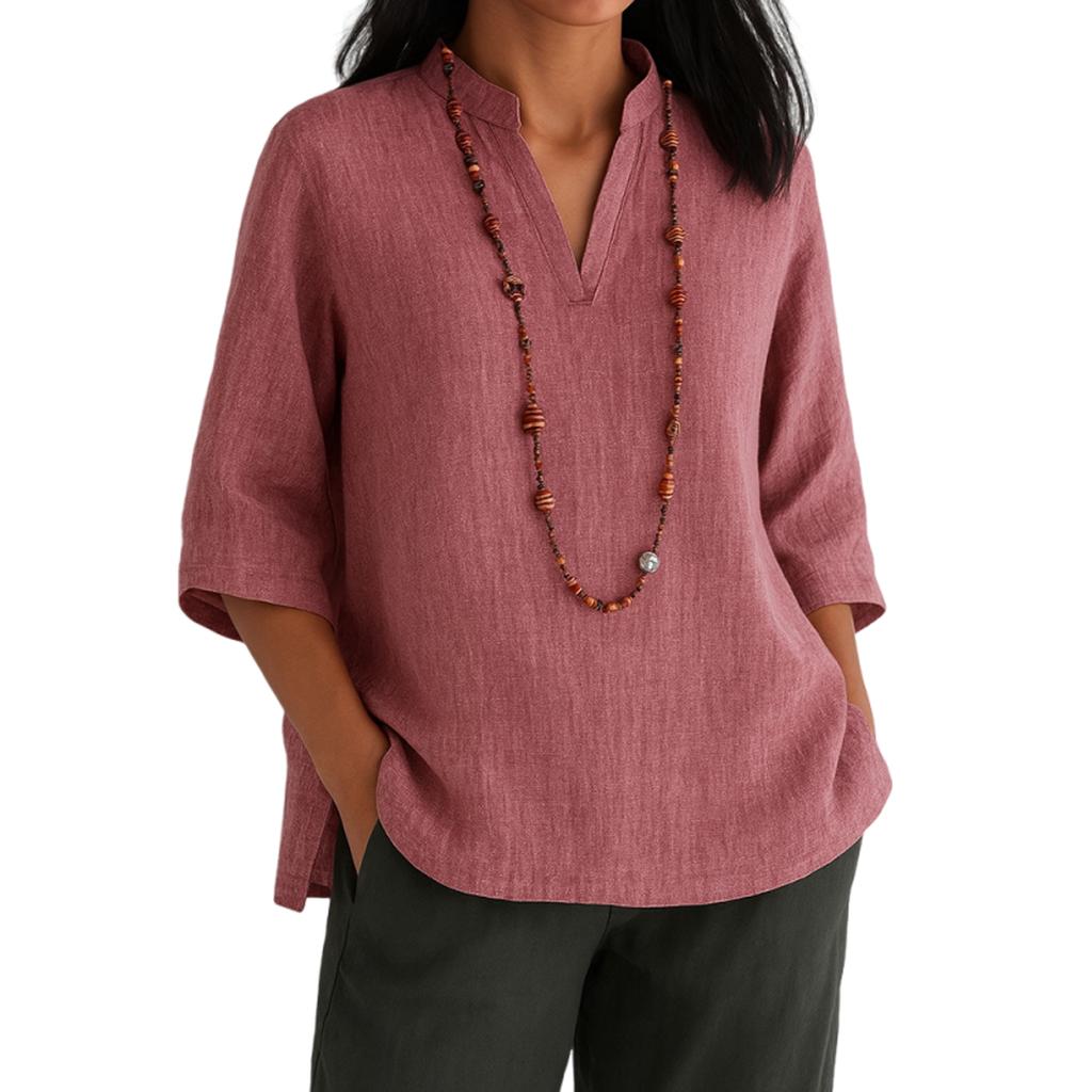 Women's Fashion Casual V,neck Cuff Cotton Linen Loose Casual Shirt