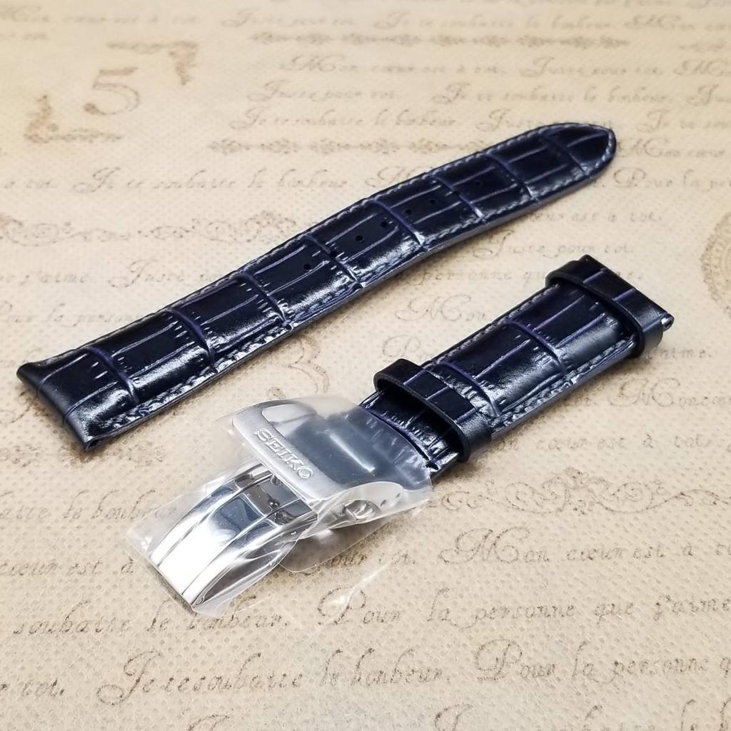 SEIKO leather for mechanical watch blue crocodile embossed leather strap, 20mm, 6R15-02V0 SARG015. Blue/dark band. L0CA014J0