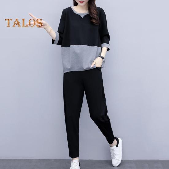 2 ks/sada Dámské tričko Kalhoty Set Sportovní oblečení Colorblock Top s kulatým výstřihem Poloviční rukáv Top Elastický pas Dlouhé Kalhoty Běžné kalhoty Top na dojíždění