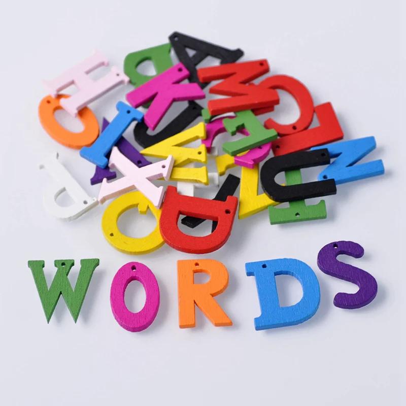 100pcs 22mm Random Mixed 1 Hole Wood Alphabet Letters Embellishment Scrapbooking Sewing Crafts Woodcraft Jewelry Making