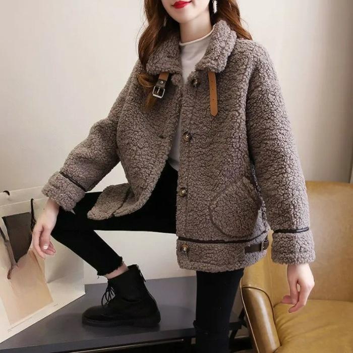 

Свободный Осенне-зимний Универсальный Толстый Меховой Цельный Плюшевый Теплый Топ Пальто из Овечьей Шерсти Женский Длинный Рукав XXXXL светло-серый