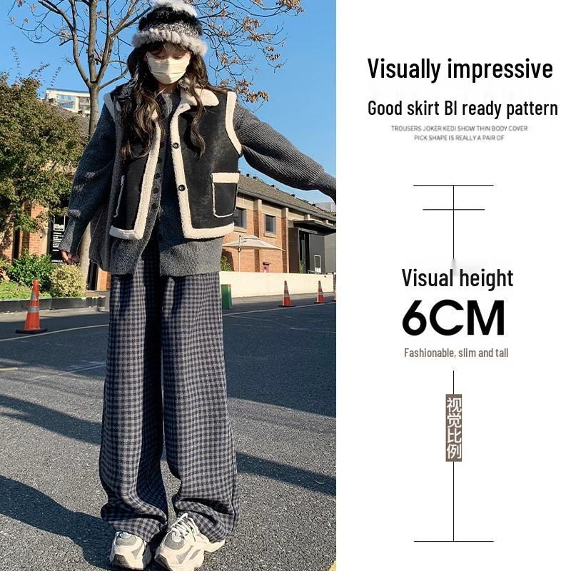 

Petite Retro Plaid Wool Wide-Leg Pants: Women s Autumn/Winter Floor-Length, Loose, Plus Velvet. S (suggested 80-95 jin)