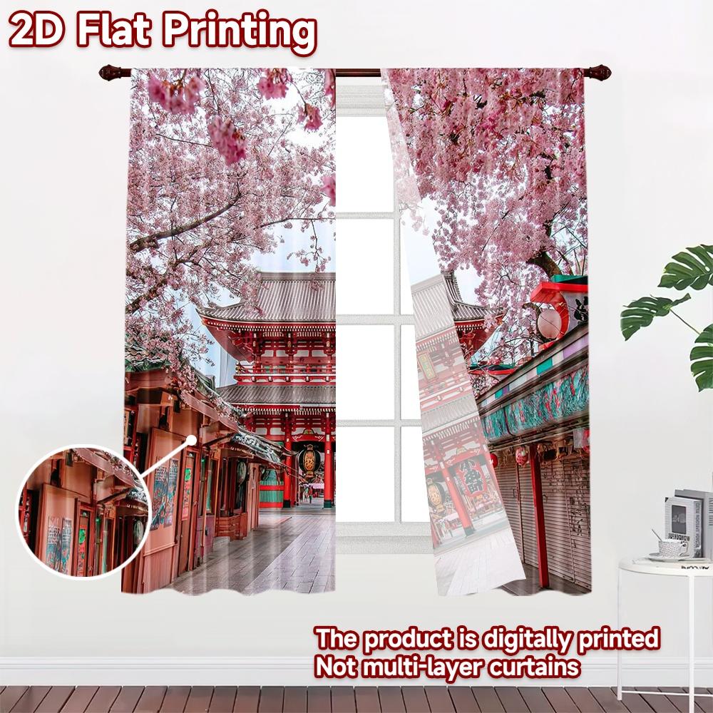 2D flat printing 2pcs Curtain Cherry Blossom Temple Japan Digital Printed Polyester Drapes Festive Holiday Perfect for Photo