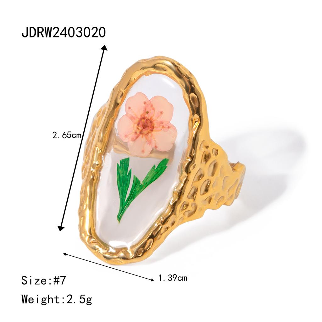 Light Cozy 18k Gold Plated Minimalist Polygonal Dry Flower Opening Ring Women Personalized Stainless Steel Statement Jewelry