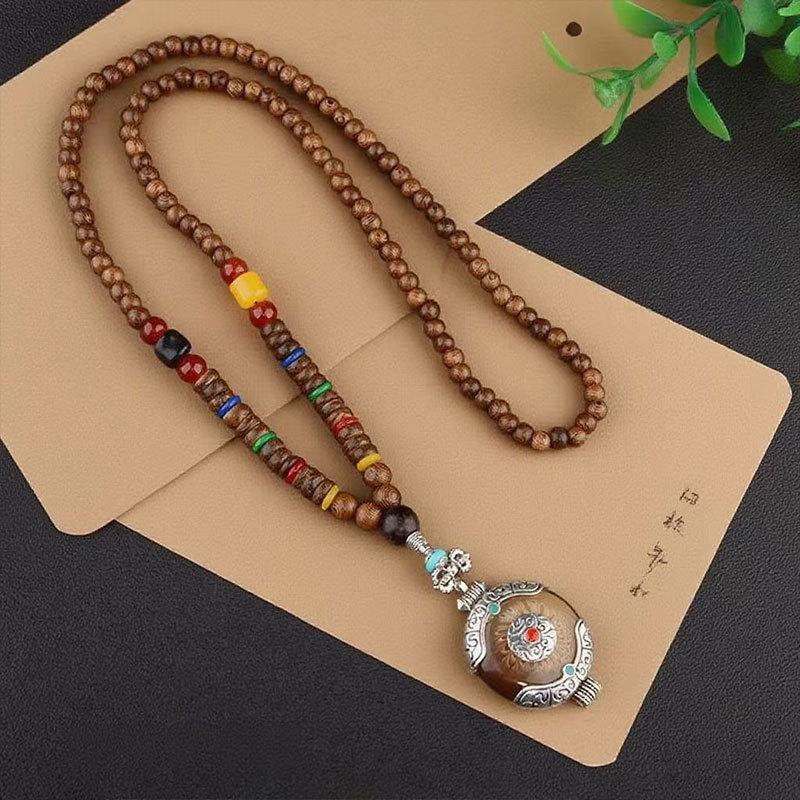 Stile Etnico Retrò Catena Lunga per Maglione Ciondolo in Pietra Bodhi con Diamante Collana con Perline di Legno Ciondolo in Cotone e Lino Tibetano Collana con Perline di Buddha