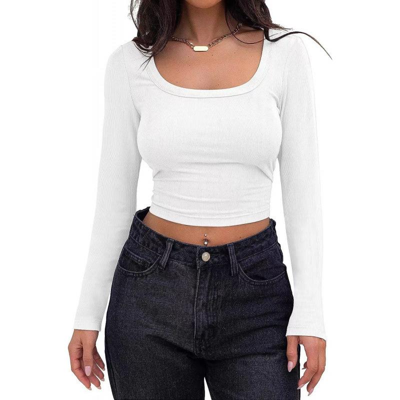 Spring women's tops slim fit short long sleeve square neck T-shirt for hot girls casual and versatile
