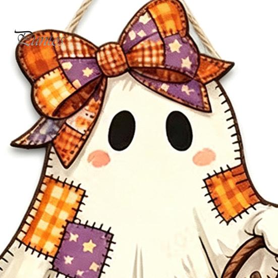 Halloween Theme Pendant Cute Bow Ghost Door Sign, Wooden Patchwork Hanging Plaque with Pumpkin Candy Basket, Indoor Entrance Hanger Retro Wall Lanyard
