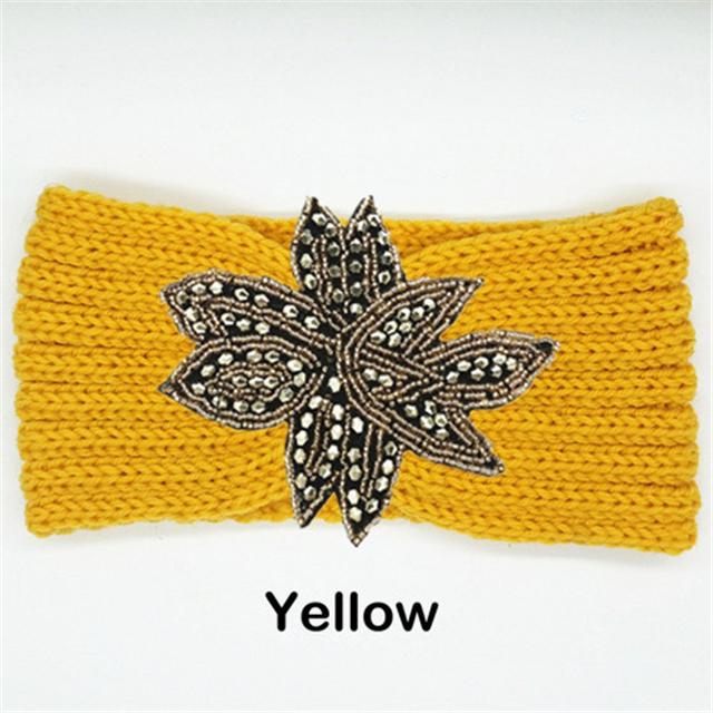 Crystal Beaded Flower Knit Headband For Women Winter Wool Ear Warmer Hairband Turban Headwrap Hair Accessories Bandeau