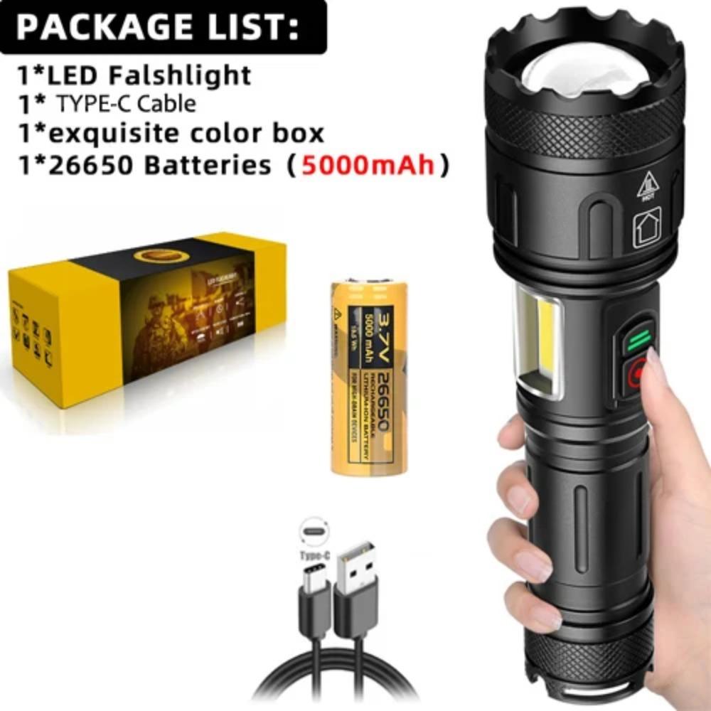 12000LM XHP160 LED+COB White/red Light Outdoor  Strong Lamp Flashlight USB-C Charging Aluminum Alloy with Side Lights LED Torch