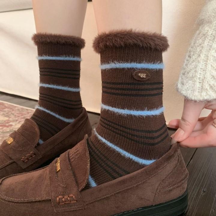 Mink Fleece Splicing Striped Plush Egg Buttons Trendy Socks Thickened And Warm College Style Pile Socks Cotton