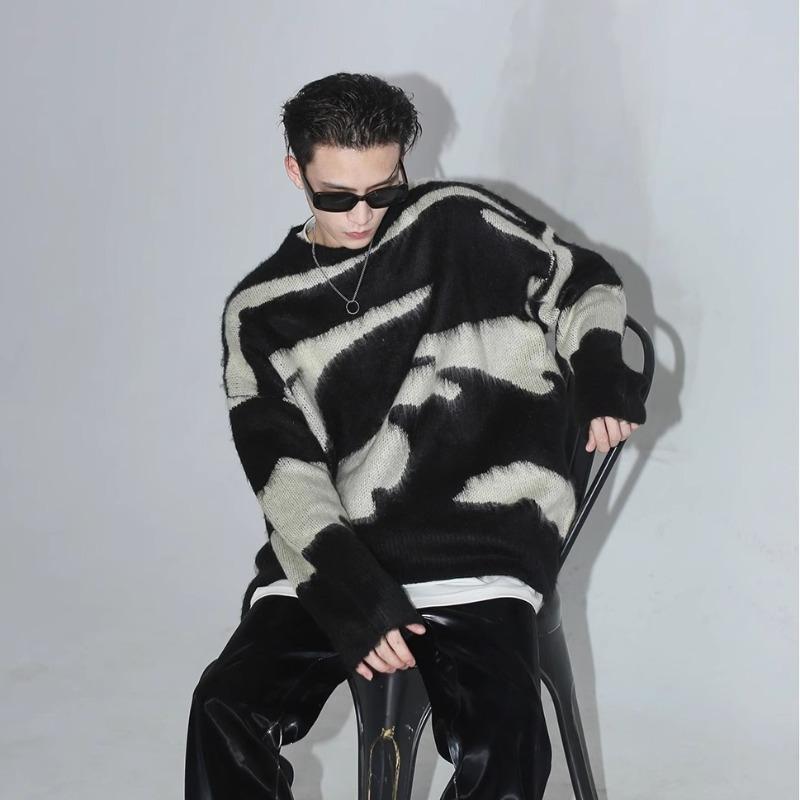 

Ленивый свитер мужской тренд круглый вырез полированный пуловер свободный этой зимой популярный черно-белый полосатый вязаный свитер XXL чёрный