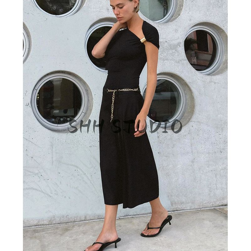 Spring and Summer New Women's Clothing Short Sleeve Multi-Color Selection Pure Color Chinlon Blended Asymmetric Minimalist Tops 1026164