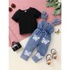 2pcs Set Of Elegant, Sweet, And Cute Little Girl'S Neat Color Pit Stripe T-shirt And Butterfly Print Ruffled Denim Jumpsuit Suitable
