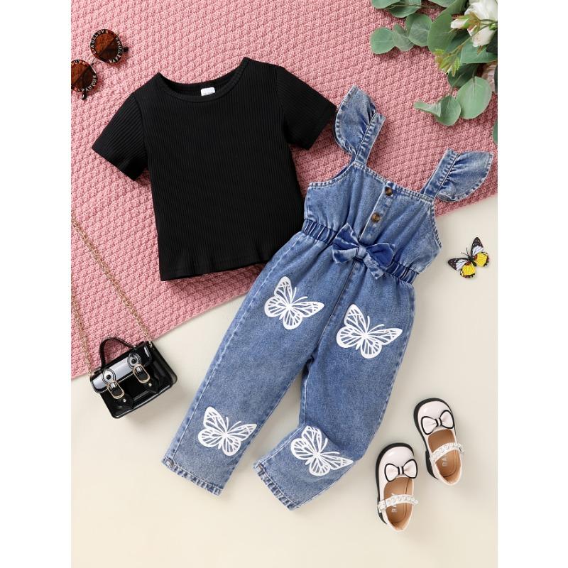 2pcs Set Of Elegant, Sweet, And Cute Little Girl'S Neat Color Pit Stripe T-shirt And Butterfly Print Ruffled Denim Jumpsuit Suitable