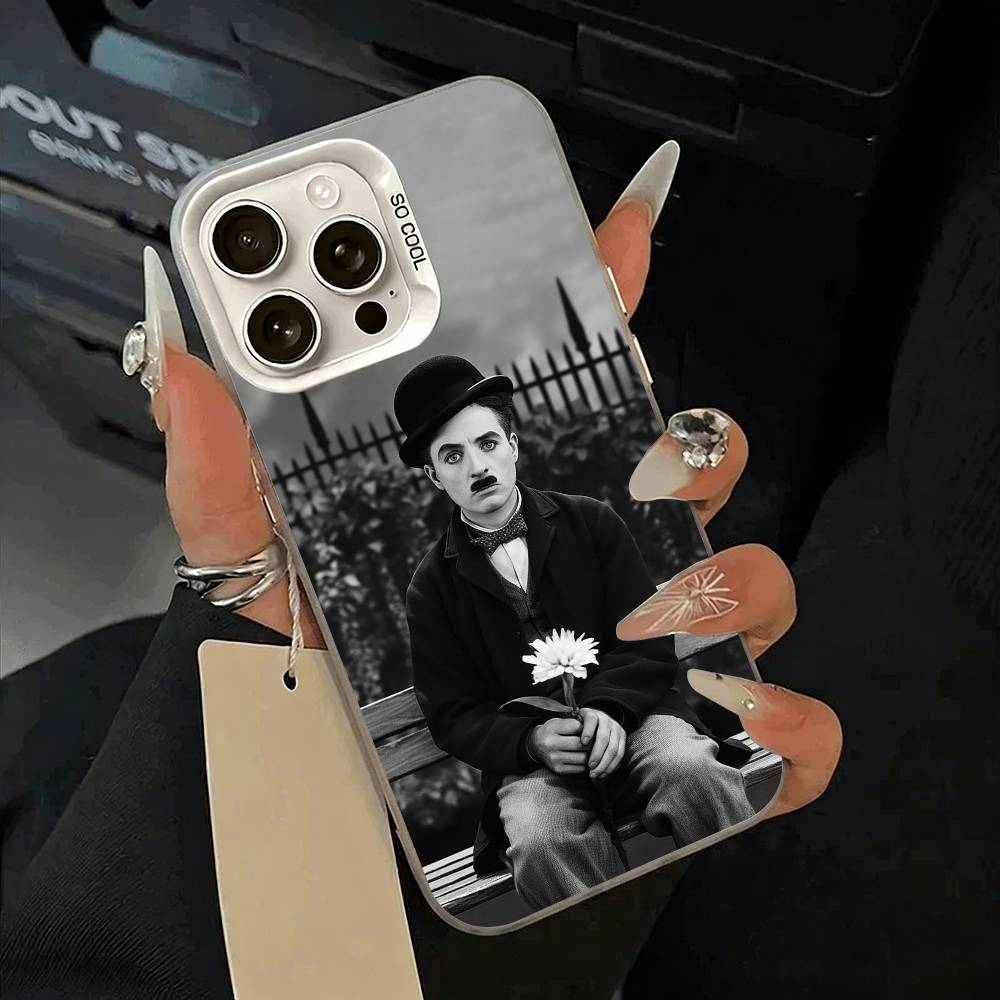 C-Charlie Chaplin Phone Case For iPhone 11 12 13 14 15 16Pro Max Plus white Sliver  Phone Cover