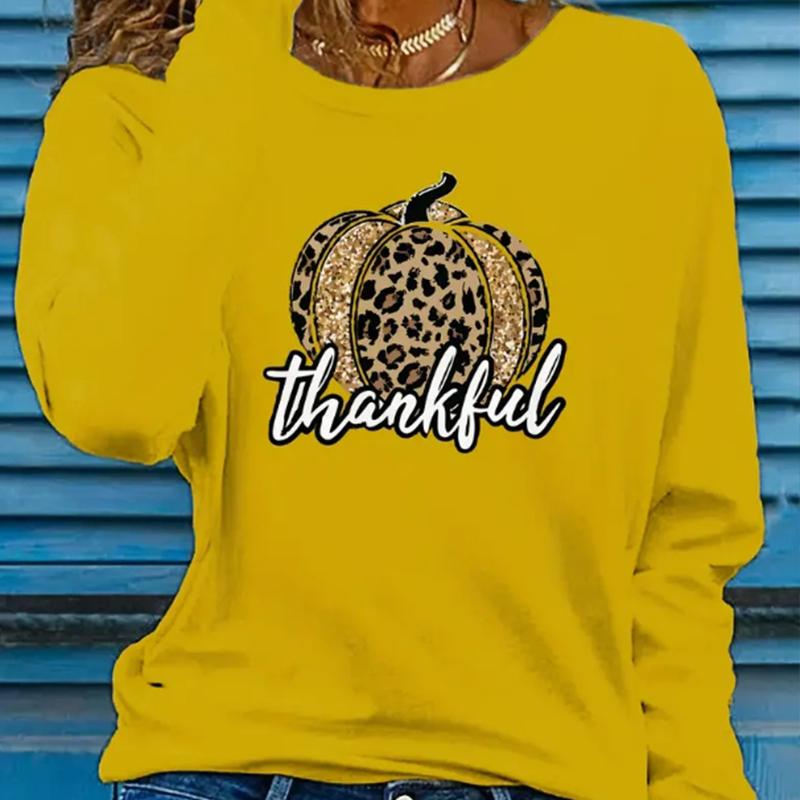 Tops For Women 3D Thankful Pumpkin Print Round Neck Long Sleeve T-shirt Fall Casual Slim Pullover Women's Long Sleeve Top