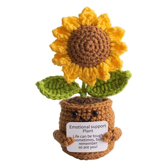 Heklet potteplante med positivt kort Emosjonell støtte Håndlaget strikket potteplante Dukke Stressreduserende leketøy Skrivebordsdekorasjon Ornament
