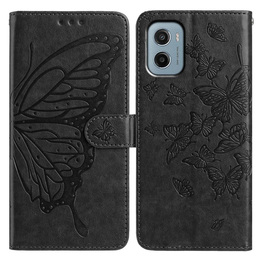 Schutzhülle mit Schmetterlingsmuster für Motorola Moto E15 4G/G05 4G: Klapphandyhülle aus PU-Leder mit Ständer und Tragegurt
