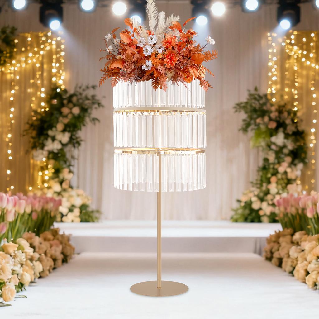 3-Tier Gold Wedding Flower Stand with Hanging Crystals, Elegant Wedding Party Centerpieces Flower Stand for Reception Table