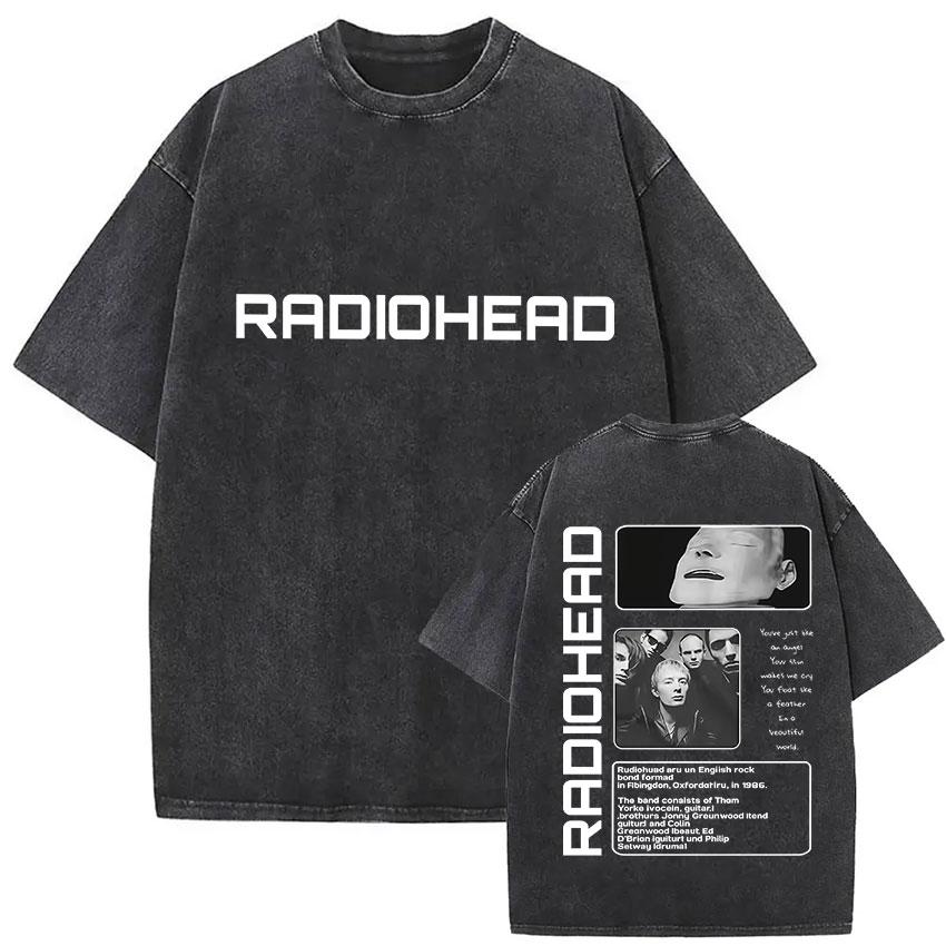 Vintage Washed Radiohead Tour  Print T Shirts Men Women Hip Hop Loose Pop British Rock Short Sleeve Tshirt Punk Streetwear