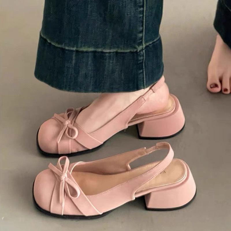 French Bow Bag Head Sandals Women's Summer New with Skirt Temperament Medium Heel Single Shoes Thick Heel High Heels