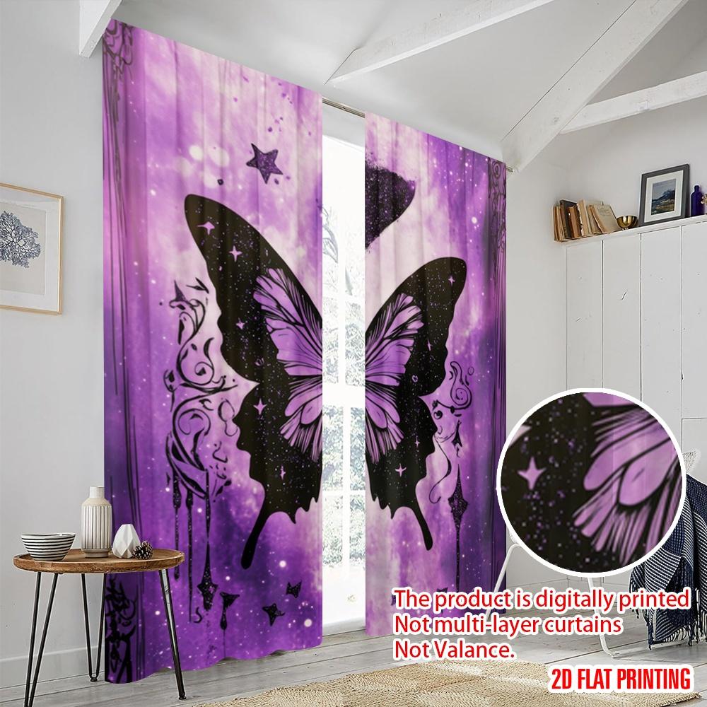 2 Stück, 2D-Flachdruck Vorhangstoff Sternenklare Schmetterlinge Vielseitiger Stoff (ohne Stange) Feiertag Perfekt für Küche Wohnzimmer