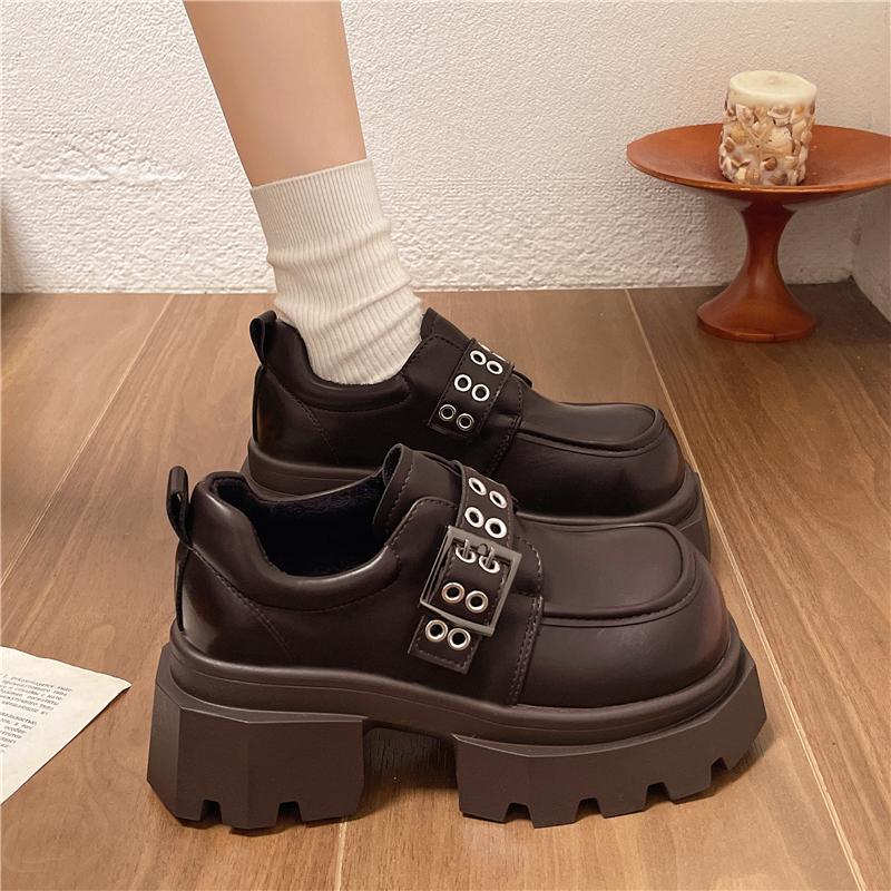 7cm High Womens Leather Loafers Fashion Designer Belt Buckle Women Mary Jane Shoe Retro British Style Thick Sole High Heel Pumps