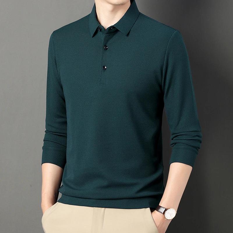 Spring Autumn Waffle Men's Long-sleeved Polo Shirt Business Casual Slim Top Classic Solid Color Male Brand Tees
