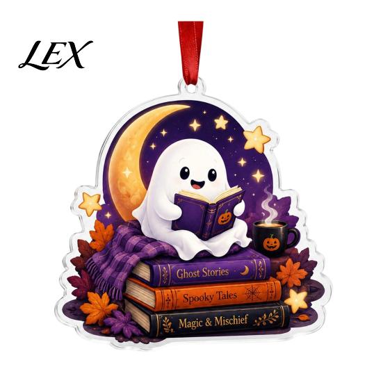 Reading Themed Window Hanging Halloween Ghost Ornament, Acrylic Holding Book Pumpkin Bookshelf Ornaments Black Cat Mummy Decor, 2D Cartoon Bookish