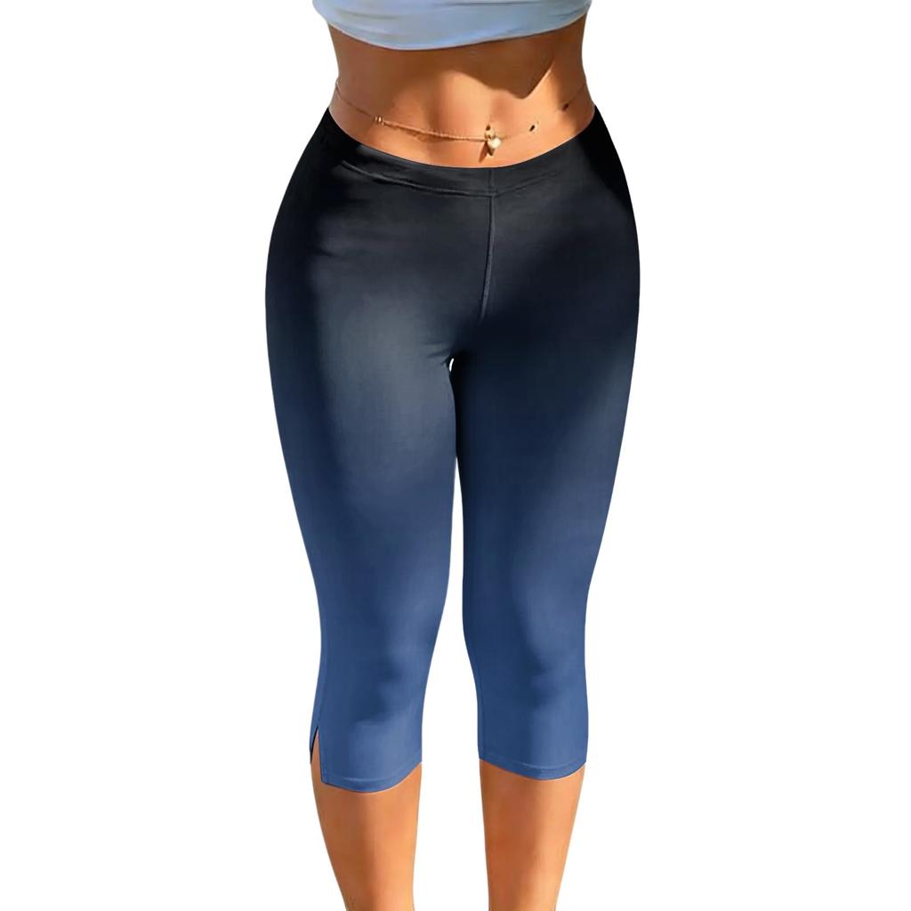 Women Milk Silk Gradient Print Casual Pants Mid Waist Stretchy Slim Fit Cropped Length Soft Lightweight Bottoms for Daily Wear