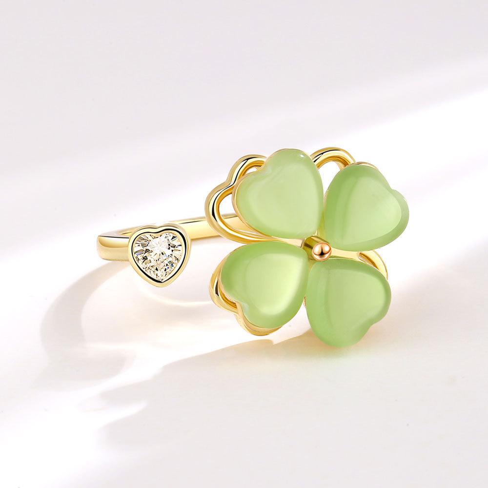 Green Cat Eye Clover Adjustable Ring With Geometric Design For Womens Fashion Accessories