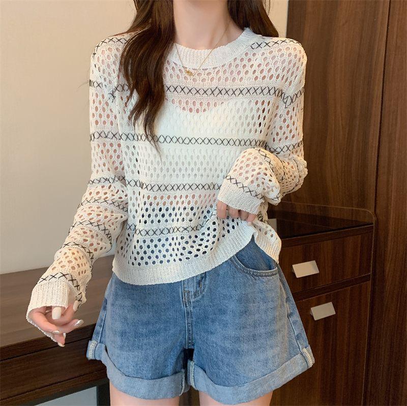 Hollow Long-sleeved Sweater Women's Spring Thin Transparent Black T-shirt Sunscreen Blouse Short Top