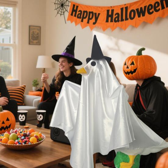 Halloween Porch Goose Outfit for 23" Goose Statue Spooky Ghost Goose Costume with Witch Hat for Outdoor Garden Patio Lawn Yard Decor