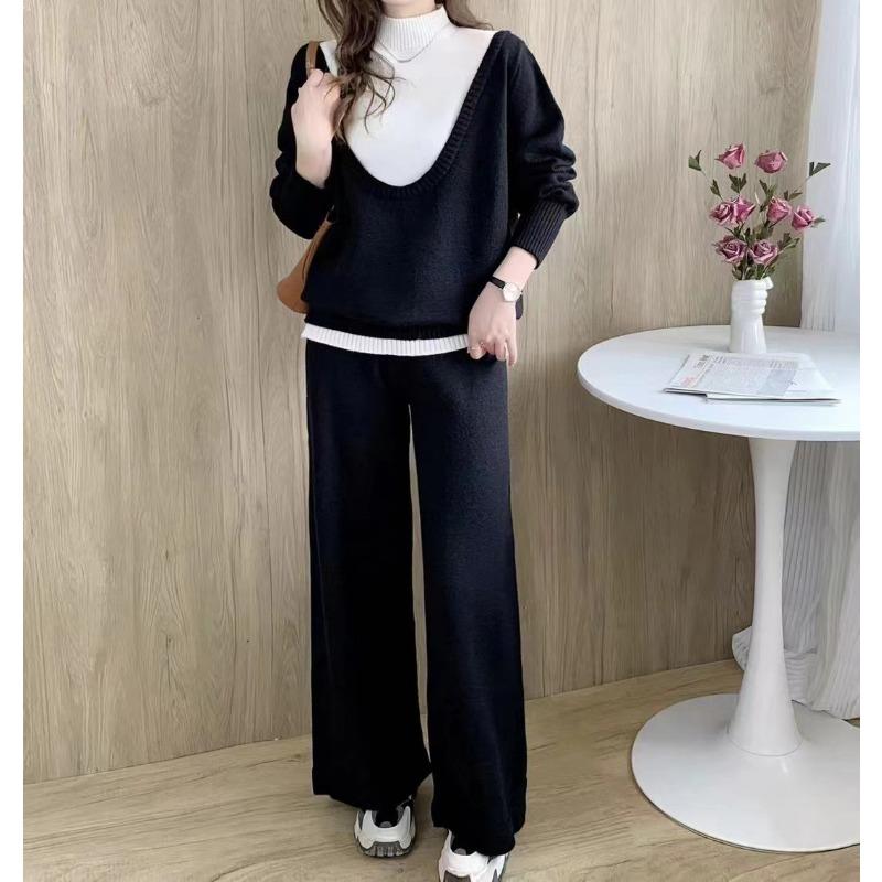 Fake Two-piece Set for Women's Autumn and Winter New Loose Large-size Casual Style Wide-leg Pants Knitted Sweater Set