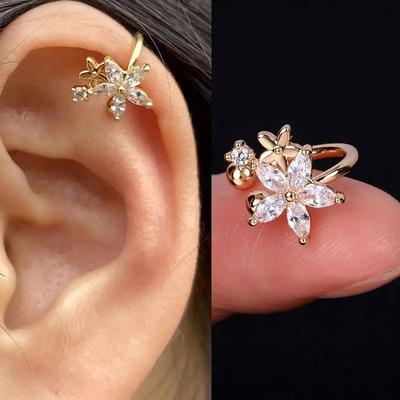 Geometric Flower Ear Clip Earrings with Zircon Crystals - No Piercing Required