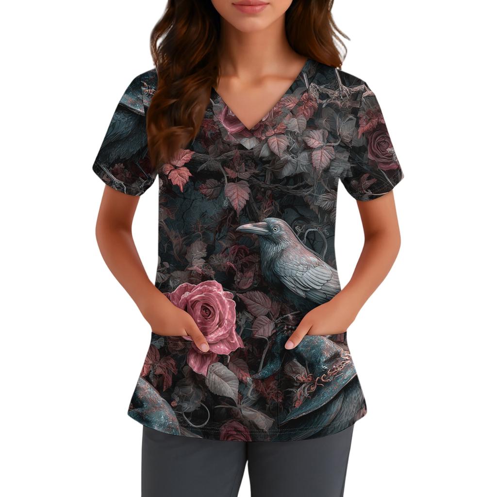 Women V Neck Short Sleeve Top with Pockets Halloween Themed Printed Scrub Shirt Comfortable Fit for Staff