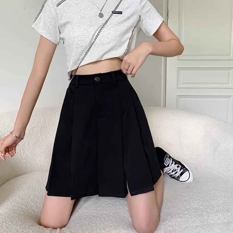 

2024 Юбка-брюки с высокой талией и широкими штанинами плиссе - Стройнящие, Повседневные, Осенний стиль с пятиточечным дизайном и боковыми разрезами S чёрный