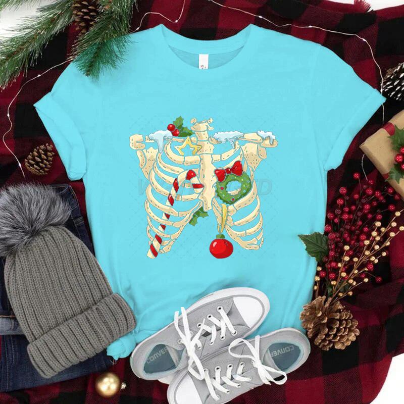 Christmas Skeleton Skull Tshirt Unisex Women Fashion Casual Tops Xmas Festive Holiday Classic Tops Unisexs Womens Clothing
