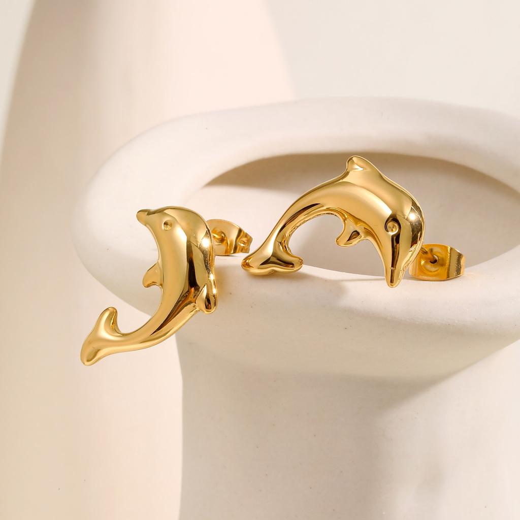 Fashionable Dolphin Earrings for Women,Gold Color Stainless Steel Stud Animal Earring,Waterproof Jewelry Gift
