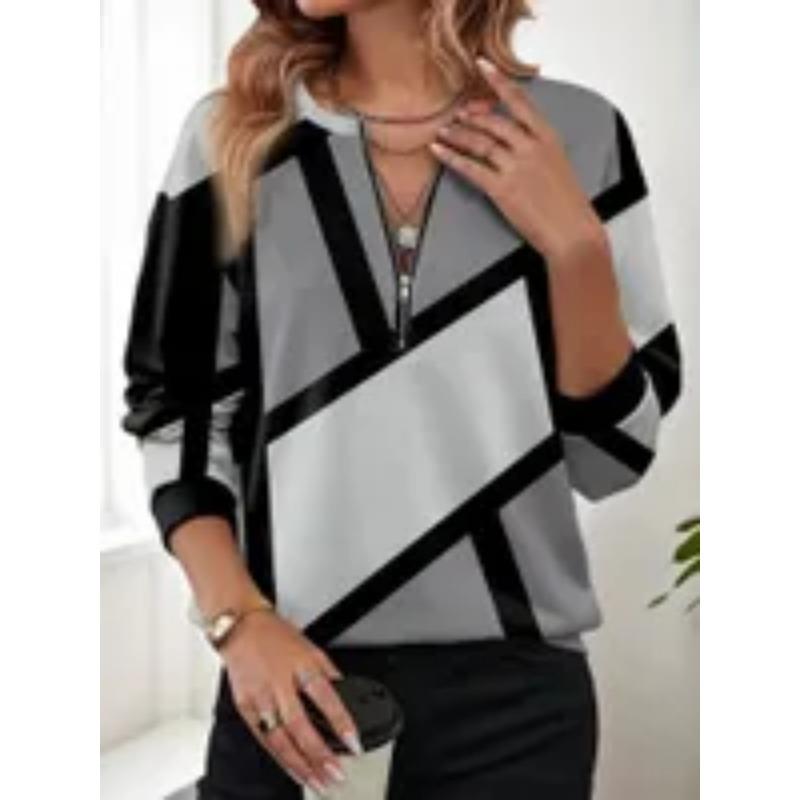 Ladies' 3D Printed V-neck Zipper T-shirt with Glossy Long Sleeved Top and Half Zipper Long Sleeved T-shirt