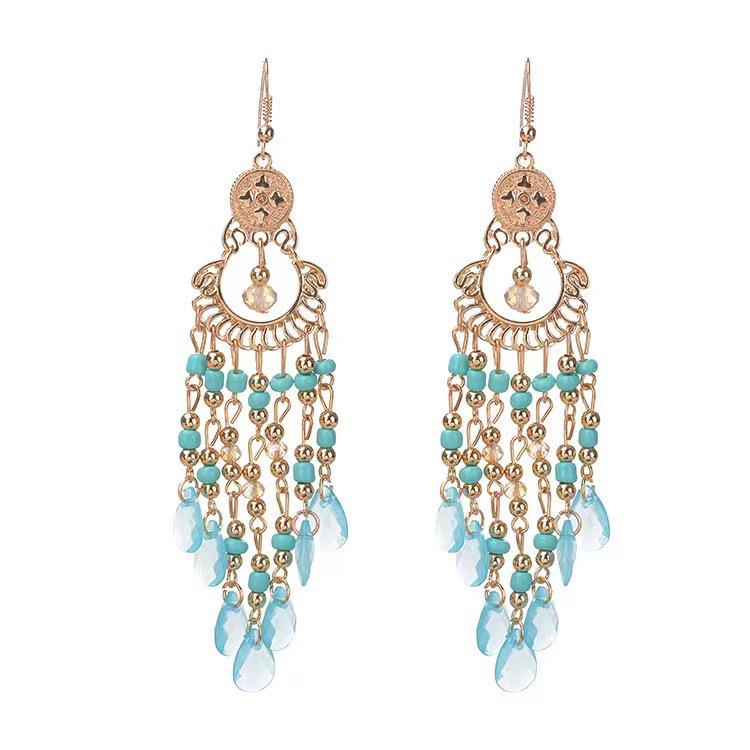 Bohemian Crystal Tassel Earrings - Ethnic Style, Slim Face, Exaggerated Design for Travel