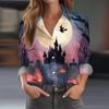 Women's Long Sleeve Casual Half Placket Shirt with Halloween Print for Fall Parties