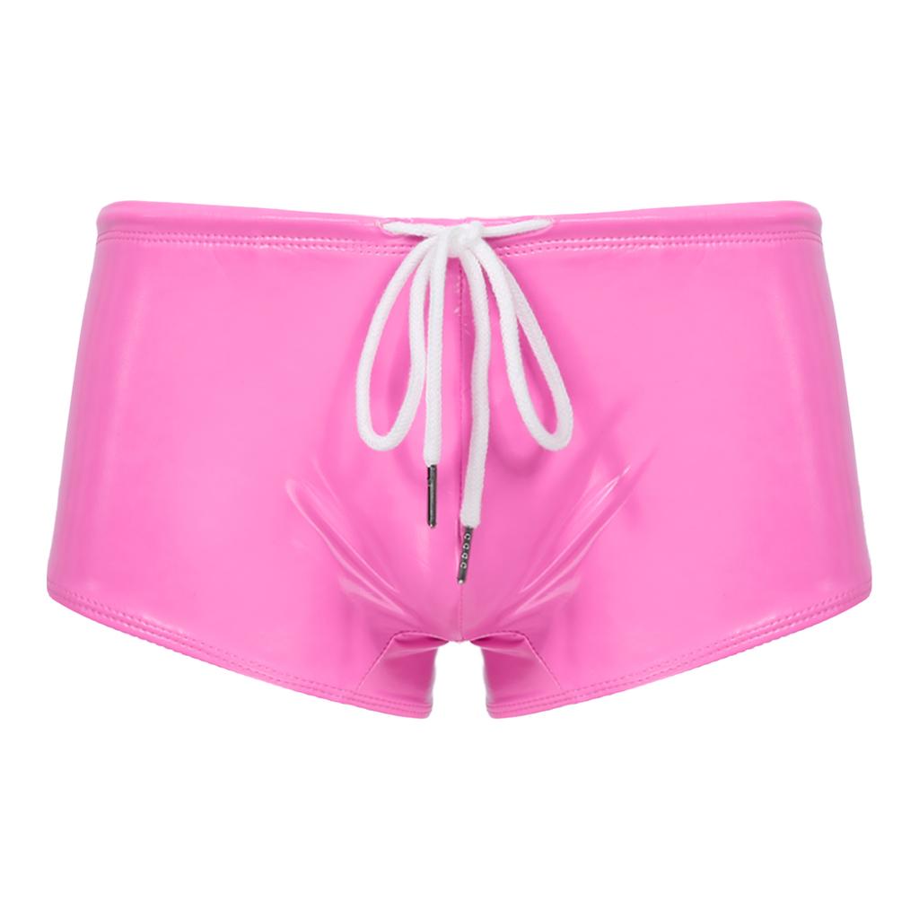Mens Patent Leather Swim Trunks Wet Look Design Low Rise Boxer Shorts Drawstring Waist Party Clubwear
