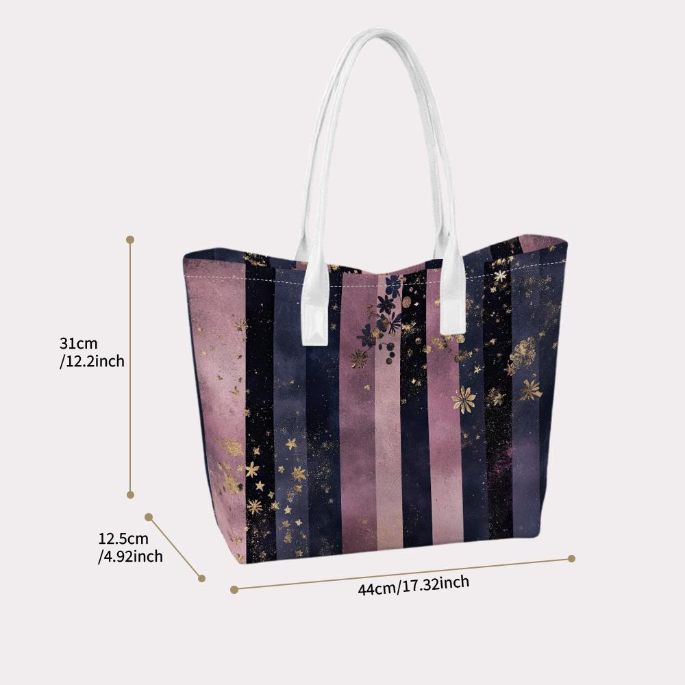 Purple Striped Tote Bag with Gold Star Print Elegant Fashion Casual Large Capacity Ladies Shoulder Handbag for Daily Shopping Work Use