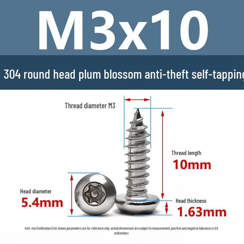Yigu 304 Anti-Theft Torx Pin Self-Tapping Screws: M2-M5 Round Head, Mushroom Head, Pointed Tail Wood Screws